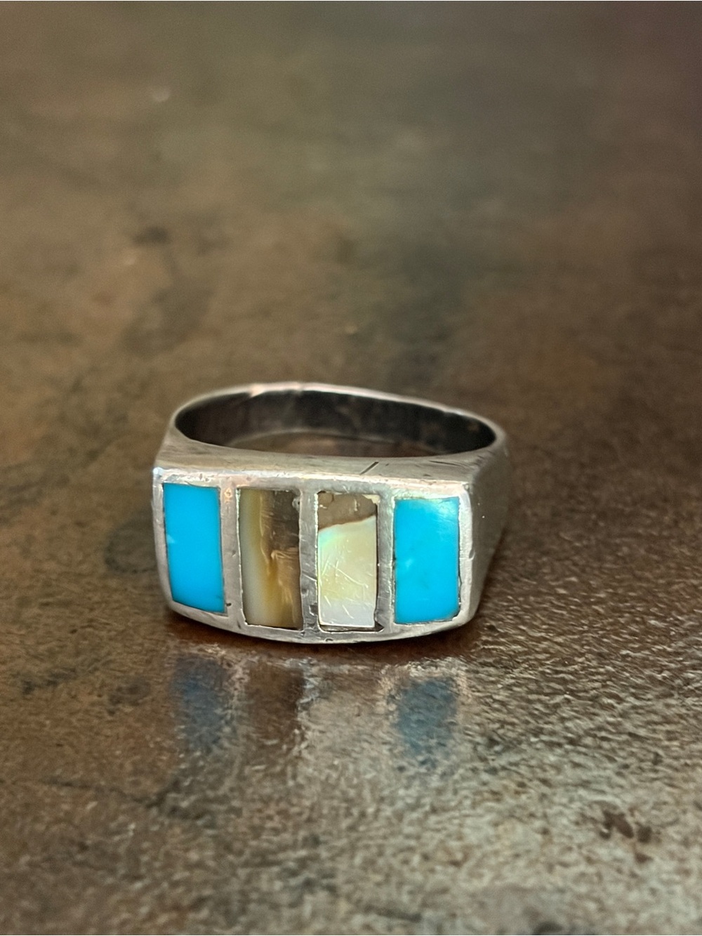 Silver Turquoise - Abalone Inlay Bar Ring Mens Size 13